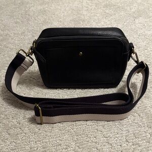 Madewell Transport Black Leather Camera Crossbody Bag with Striped Strap